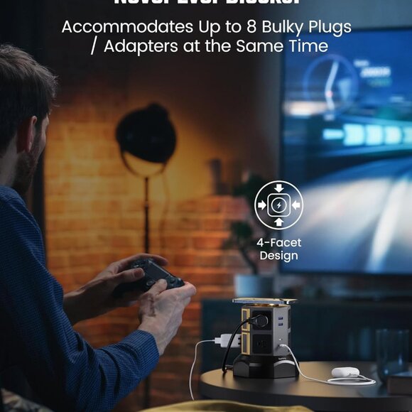 Power Strip Tower with 15W Wireless Charger, 6.5Ft Retractable Extension Cord, 1 - Picture 3 of 7